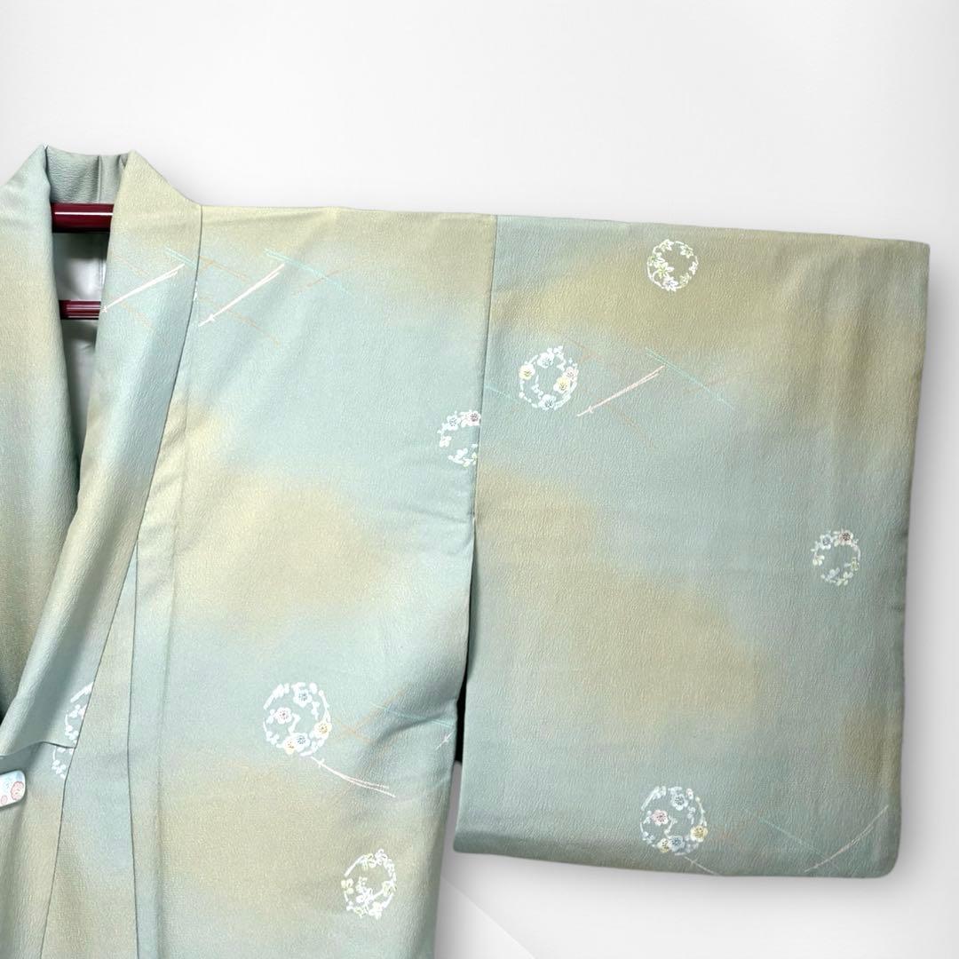 【良品✨】東レシルック　さんび　洗える着物　小紋　ぼかし染め　青磁鼠×砂色　H3