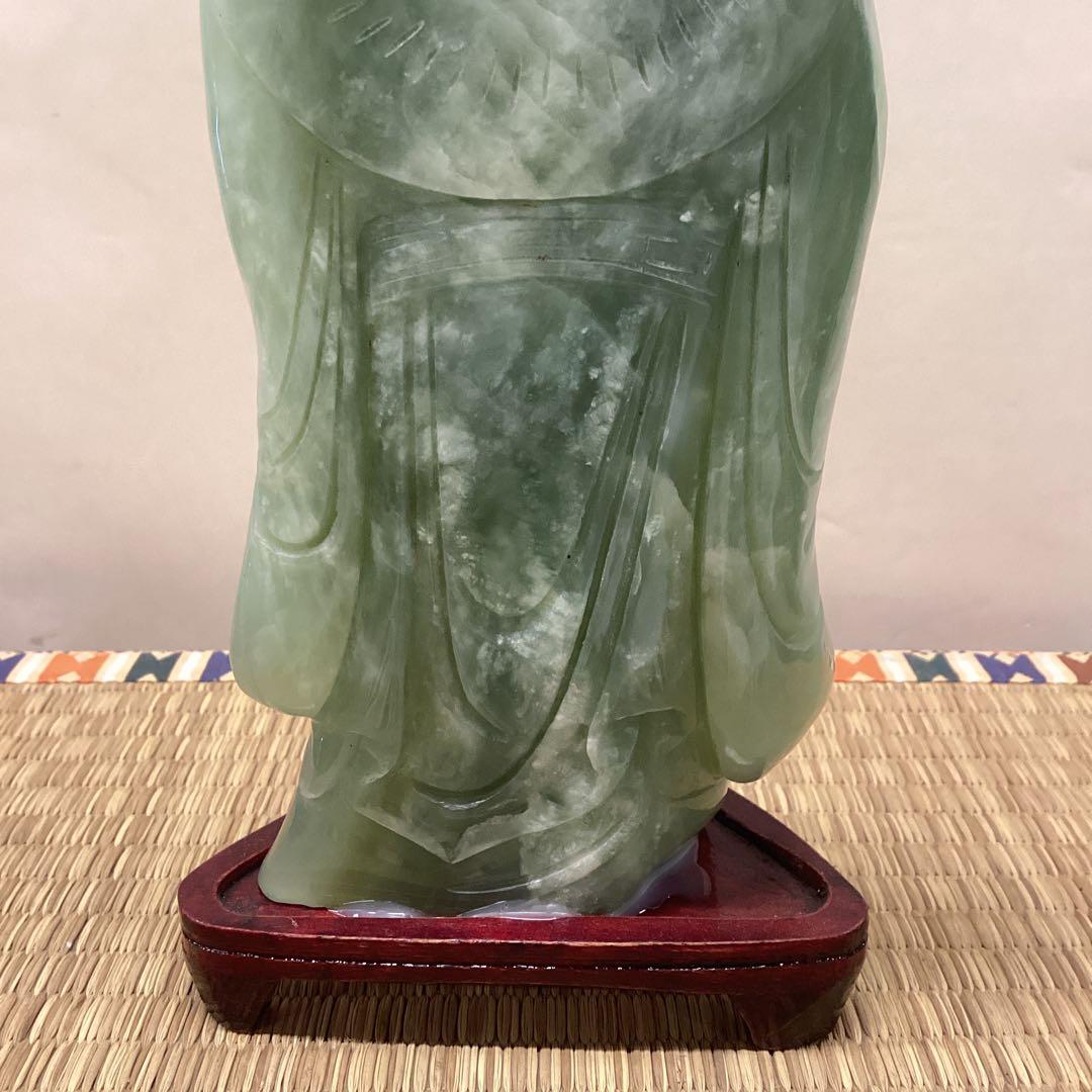 翡翠 神像 約24cm 木製台座付き