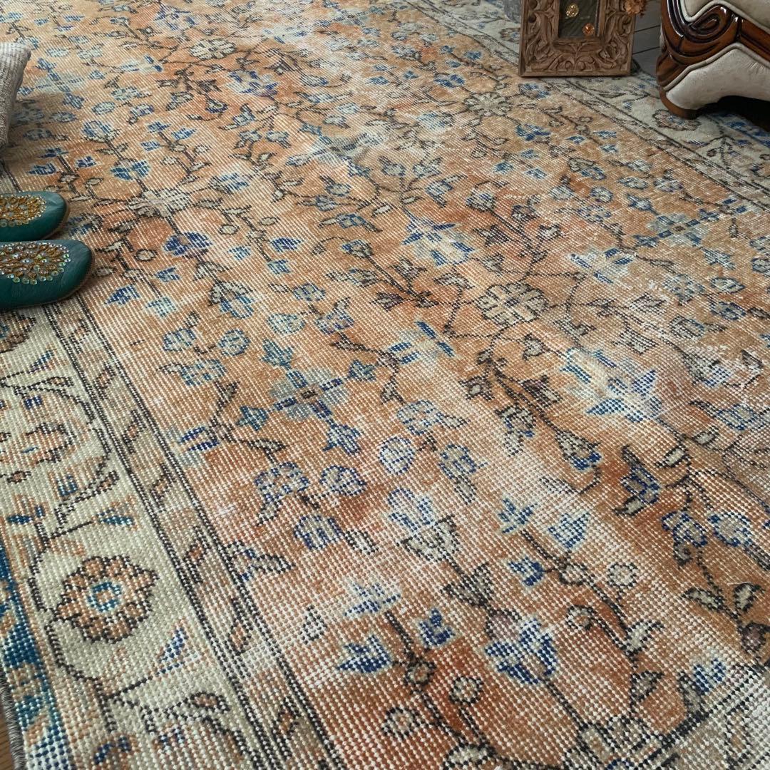 トルコヴィンテージラグ　 シャビーオレンジ　200×114 幅広　 ボタニカル