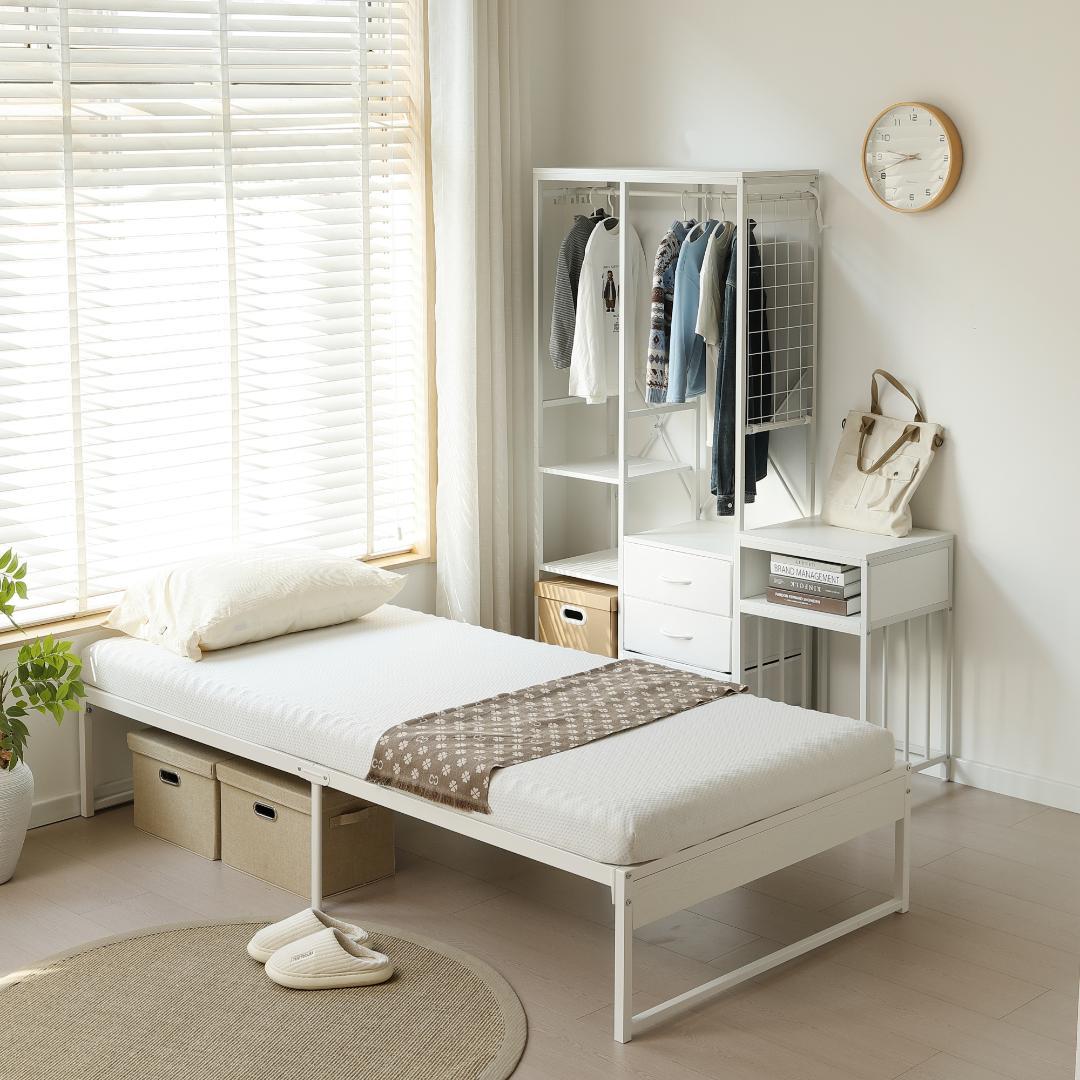 人気再入荷！【シングル】ベッドフレーム 木製×スチール パイプベッド　WHITE