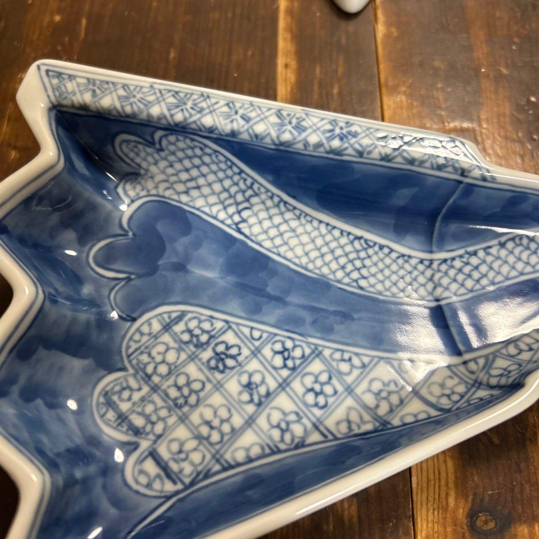 九谷焼　阿古窯　染付　手描き　小扇子　半開扇皿　５枚