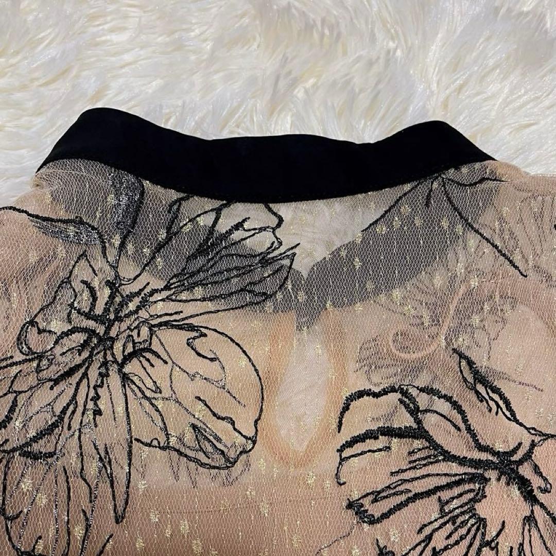 Leja 配色パイピング花柄刺繍ラメワンピースドレス ベージュ　S