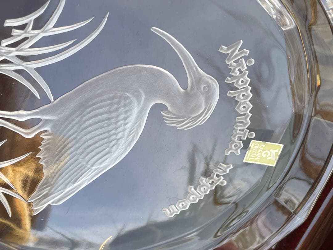 カガミクリスタル KAGAMI 飾り皿　贈答品 記念　クリスタル八角形皿 鶴彫刻