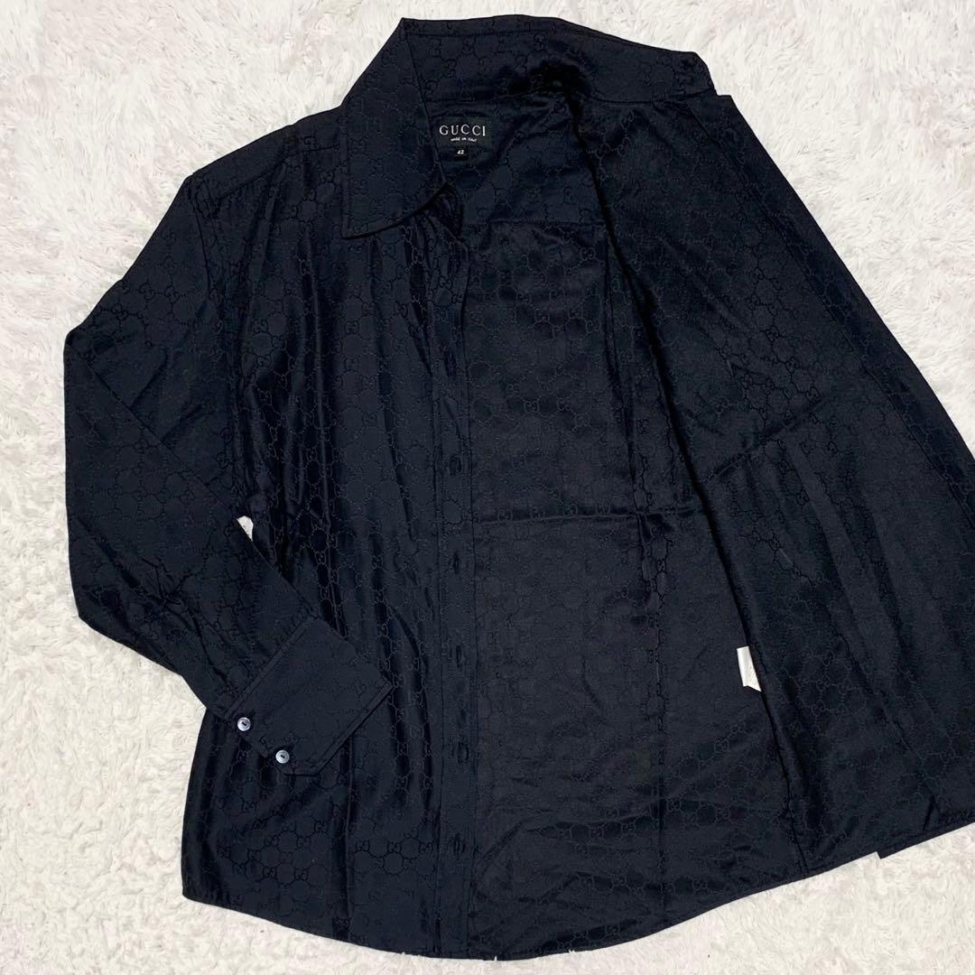美品 GUCCI グッチ GG柄 長袖シャツ シルク混 トムフォード期 ブラック