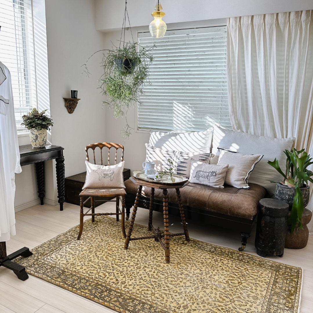 トルコ ヴィンテージラグ A130 イエロー オリーブグリーン オーバーダイラグ