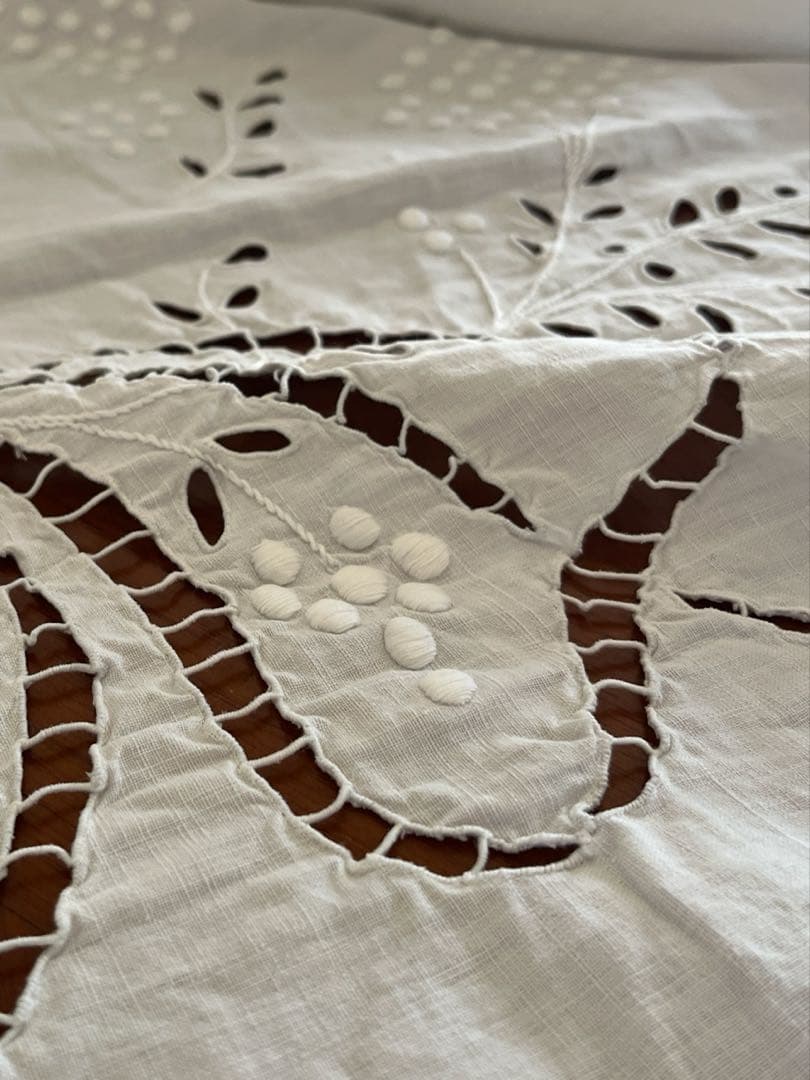 ◆フランスアンティーク｜手刺繍大判マルチクロスベットカバー白カーテンリボンレース