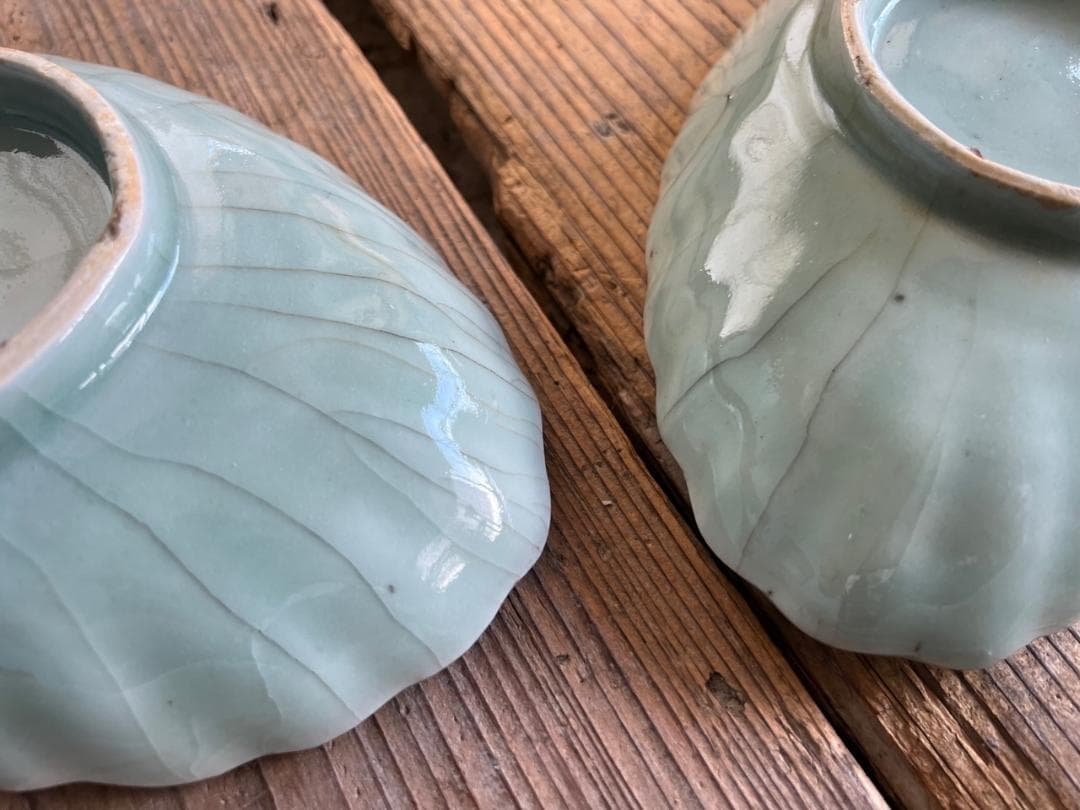 品番　t-0398 青磁葉型長皿　5枚set　古伊万里　アンティーク　古陶磁器