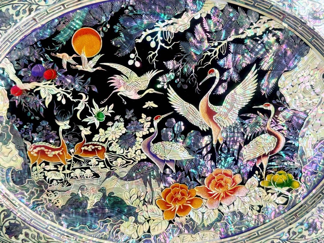 韓国製 螺鈿細工 飾り皿 桹材 金榮萬作 置物 シェル 工芸品 貝細工 トレー