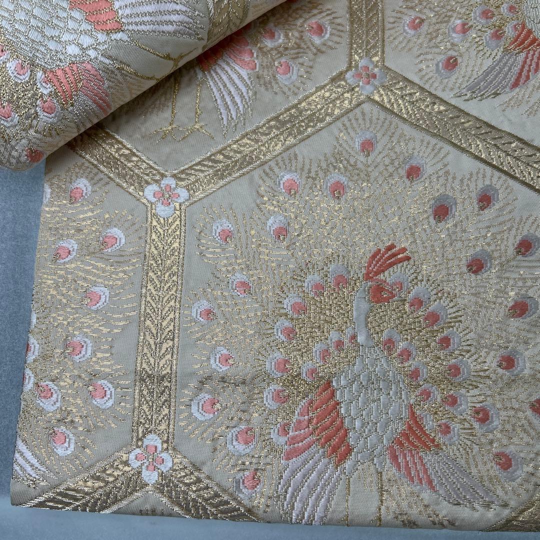 【純金箔錦 亀甲孔雀文】孔雀刺繍 六通柄袋帯 シルク製0105