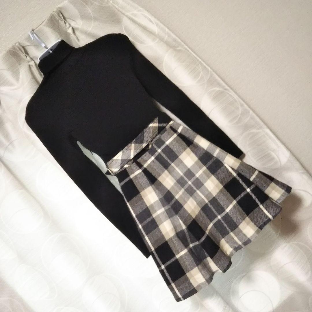 バーバリーブルーレーベル リブニットチェックスカートワンピース