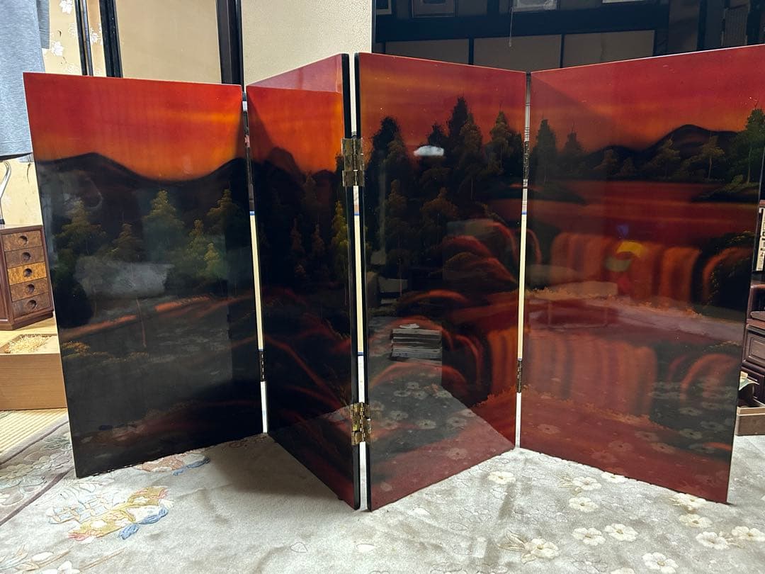 中国美術　螺鈿細工　衝立漆塗り　万馬奔騰図　令和8年干支