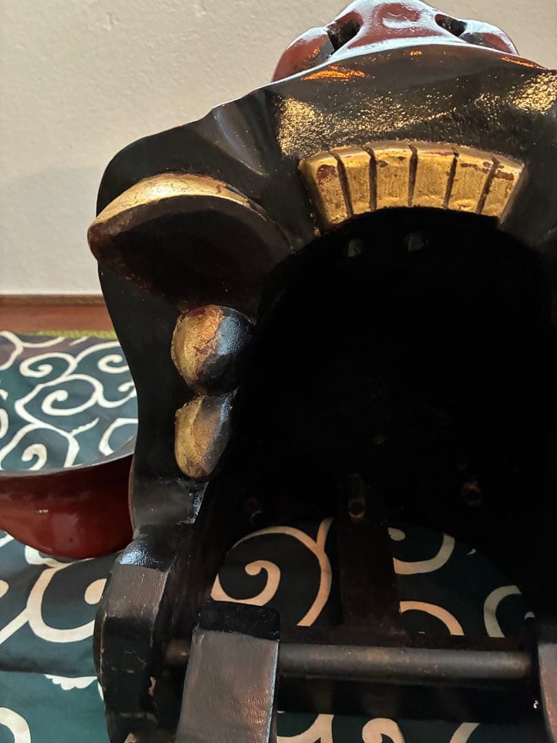 昭和 美品 獅子舞 獅子頭 祝い獅子 木彫り 骨董 唐草模様 風呂敷 希少 レア