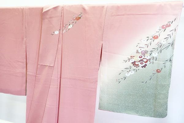未使用品 訪問着 ピンク 手描き友禅 雪輪 牡丹 菊 花文 身丈163cm
