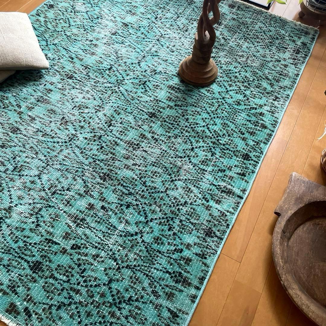 110×150 ボタニカル　ターコイズオーバーダイ　トルコヴィンテージラグ