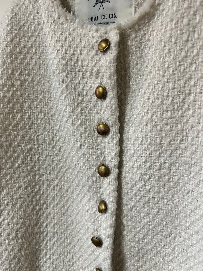 美品　ピュアルセシン　リングツイードノーカラージャケット