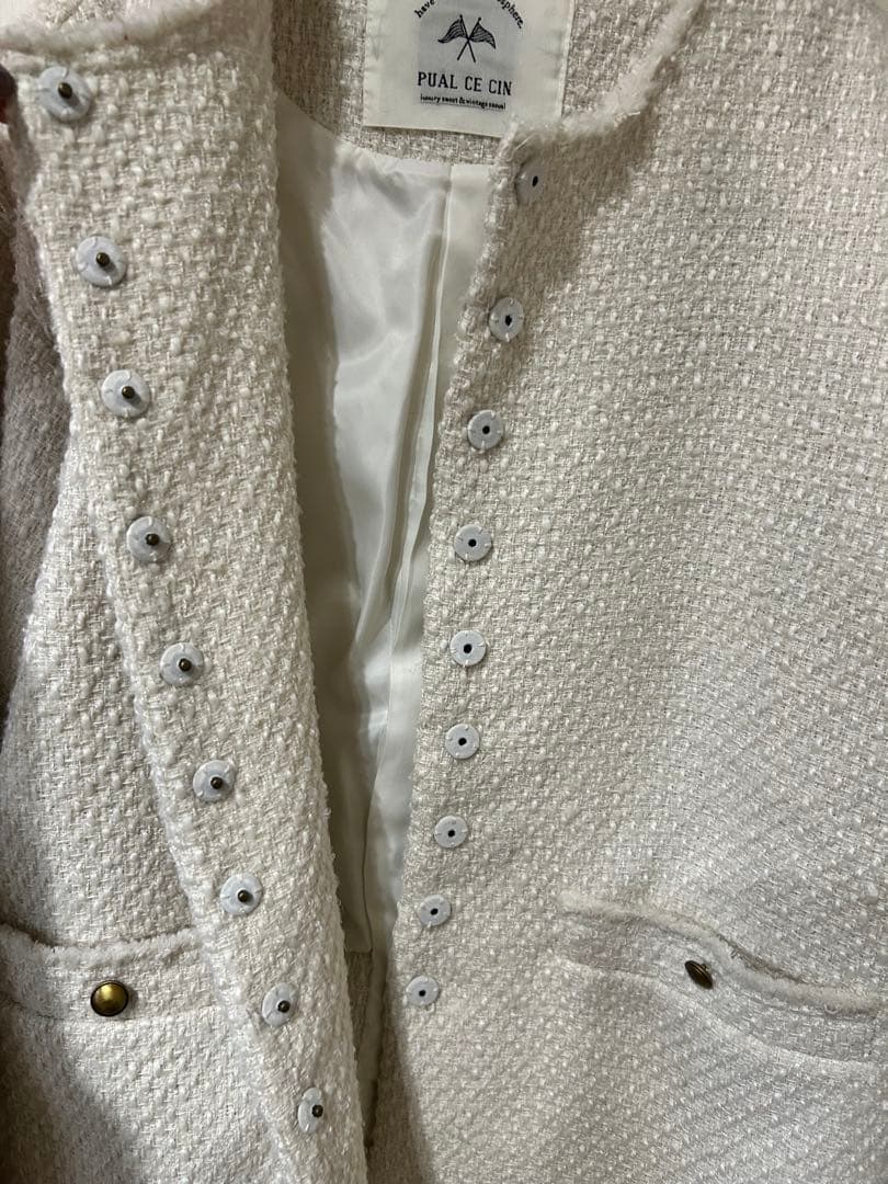 美品　ピュアルセシン　リングツイードノーカラージャケット