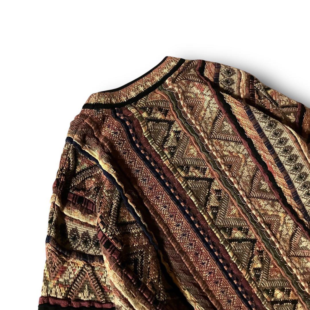 90s TUNDRAツンドラ幾何学模様3Dニット希少クージー調CBOYブラウンM