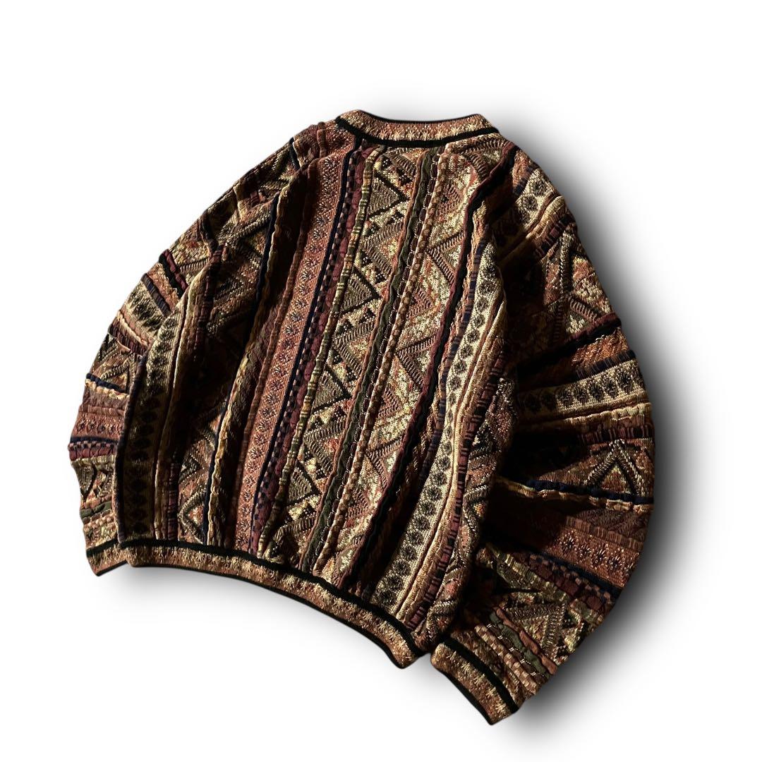 90s TUNDRAツンドラ幾何学模様3Dニット希少クージー調CBOYブラウンM
