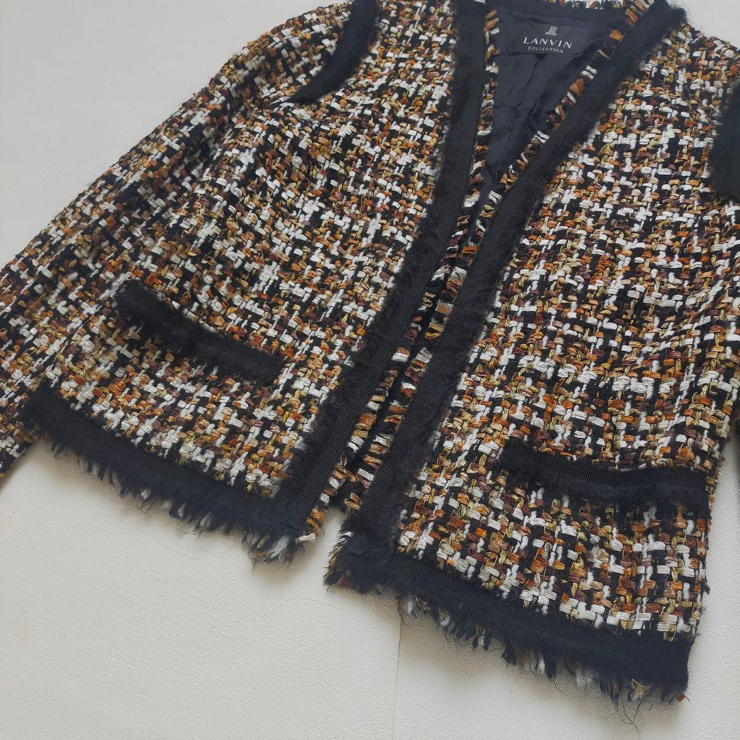 極美品　ランバンコレクション　ツイード　ノーカラージャケット　モヘア