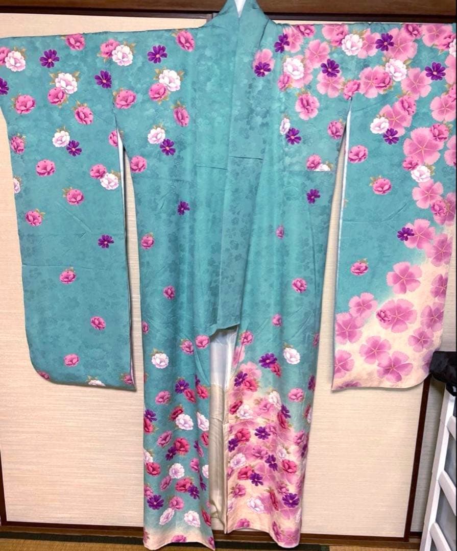 まな 新橋色 菊 牡丹 振袖 身丈157