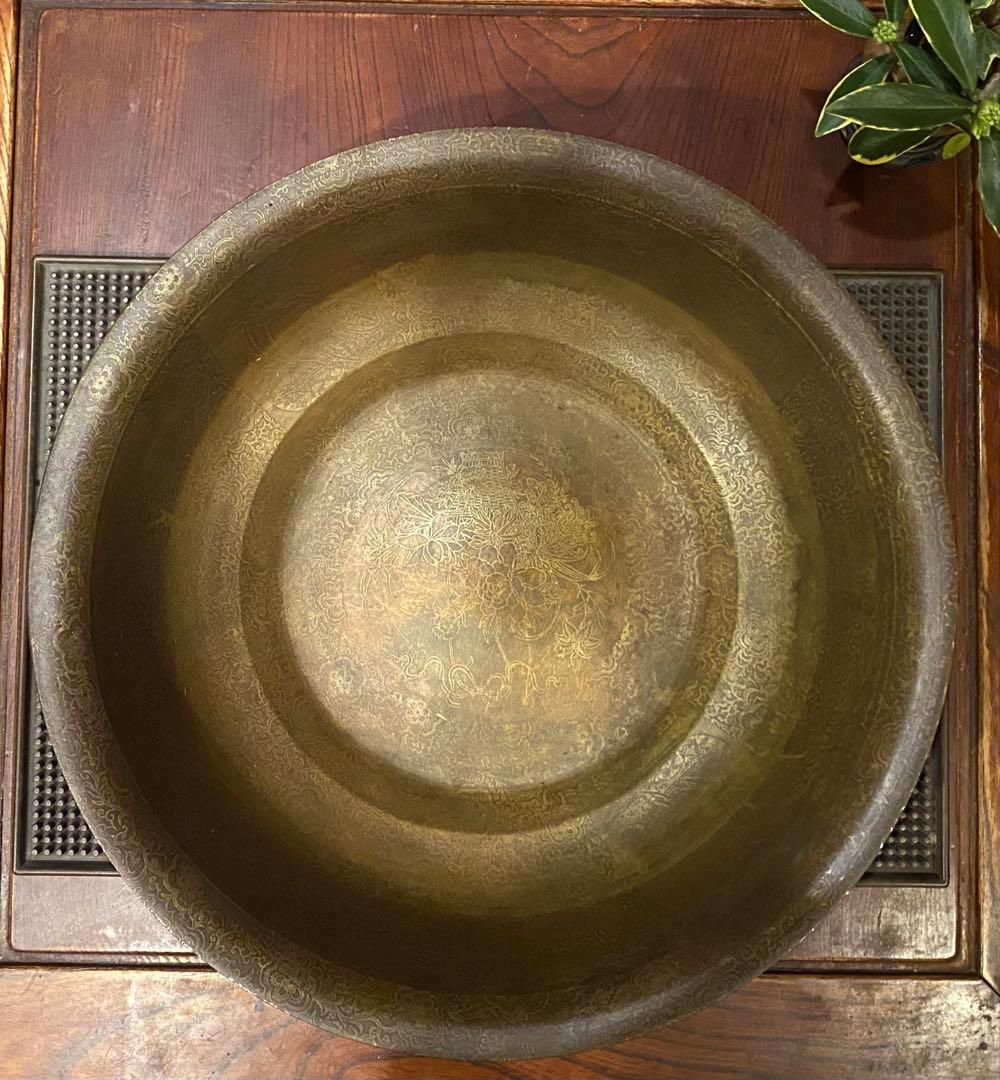 中国　清代　黄青銅　装飾洗面器　鑑賞スタンド付 ・ヴィンテージ レア