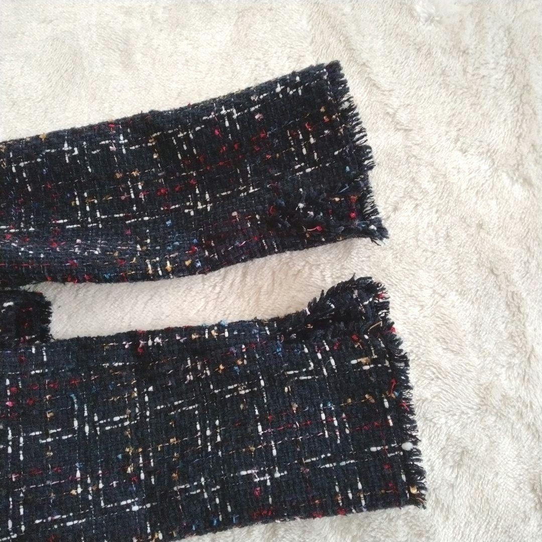 【セオリー】サイズ 2 マルチ ツイード ノーカラー ジャケット フリンジ 紺