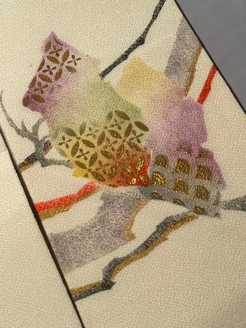 [極美品] 名古屋帯　正絹　縮緬　お太鼓柄　洒落帯　カジュアル　作家物　白　灰色