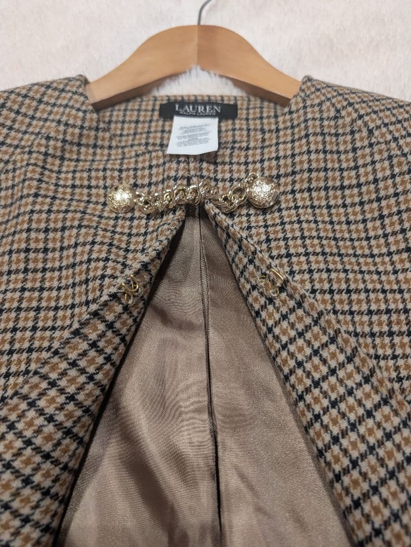 ローレンラルフローレン　ケープコート　ポンチョ　千鳥柄　グレンチェック　金ボタン