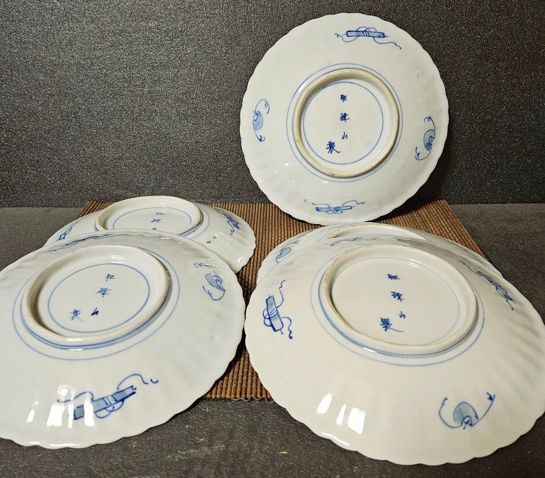 明治時代　古伊万里【肥蝶山製】錦手　サザエに兎の図　鎬造り　22.4cm皿　5客