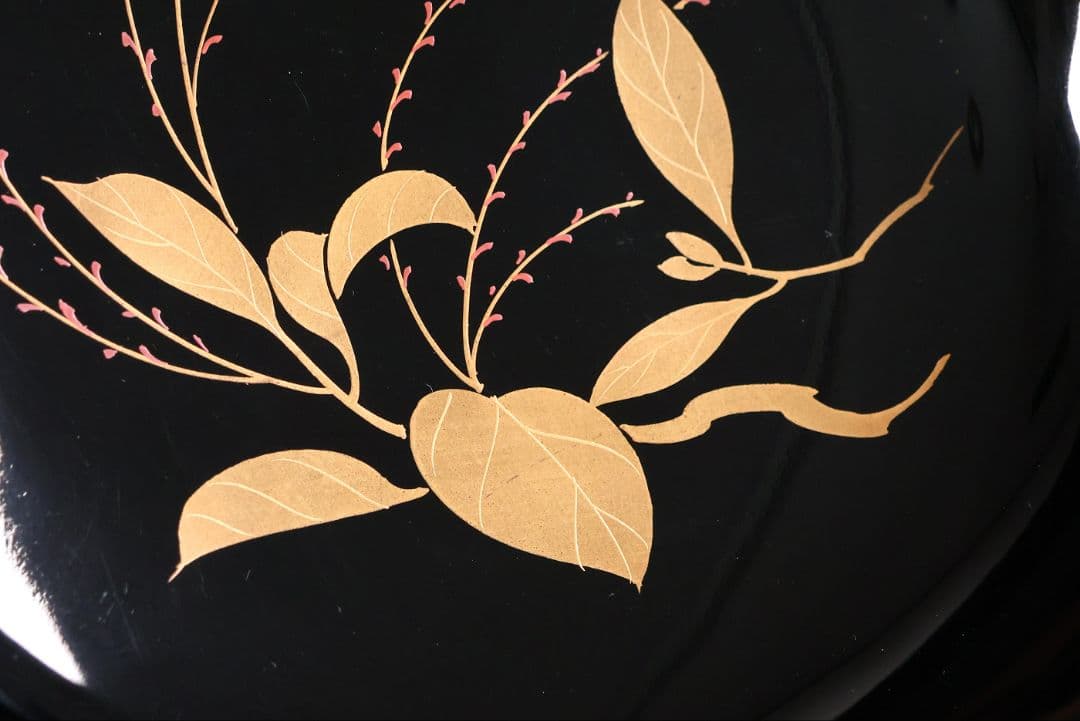 【MB188】天然木漆塗 紫陽花と葵 金蒔絵 螺鈿入 黒塗 煮物椀 二客 昭和期