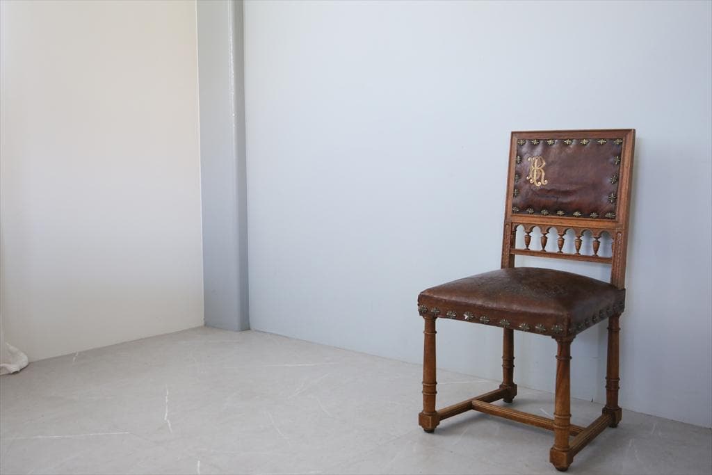 フランスアンティーク木製アンリ2世様式ダイニングチェア/レザー(90-64-1)