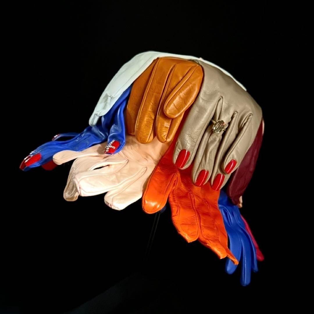 イタリア製の山羊革手袋付　ハット帽子　カラフル　1点物ハンドメイド　アートハット
