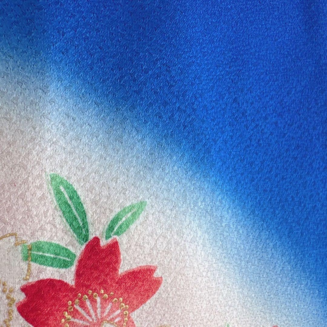 セット　七五三７歳女の子　青地花御所車　黒地袋帯　青海波金　袖なし長襦袢7103