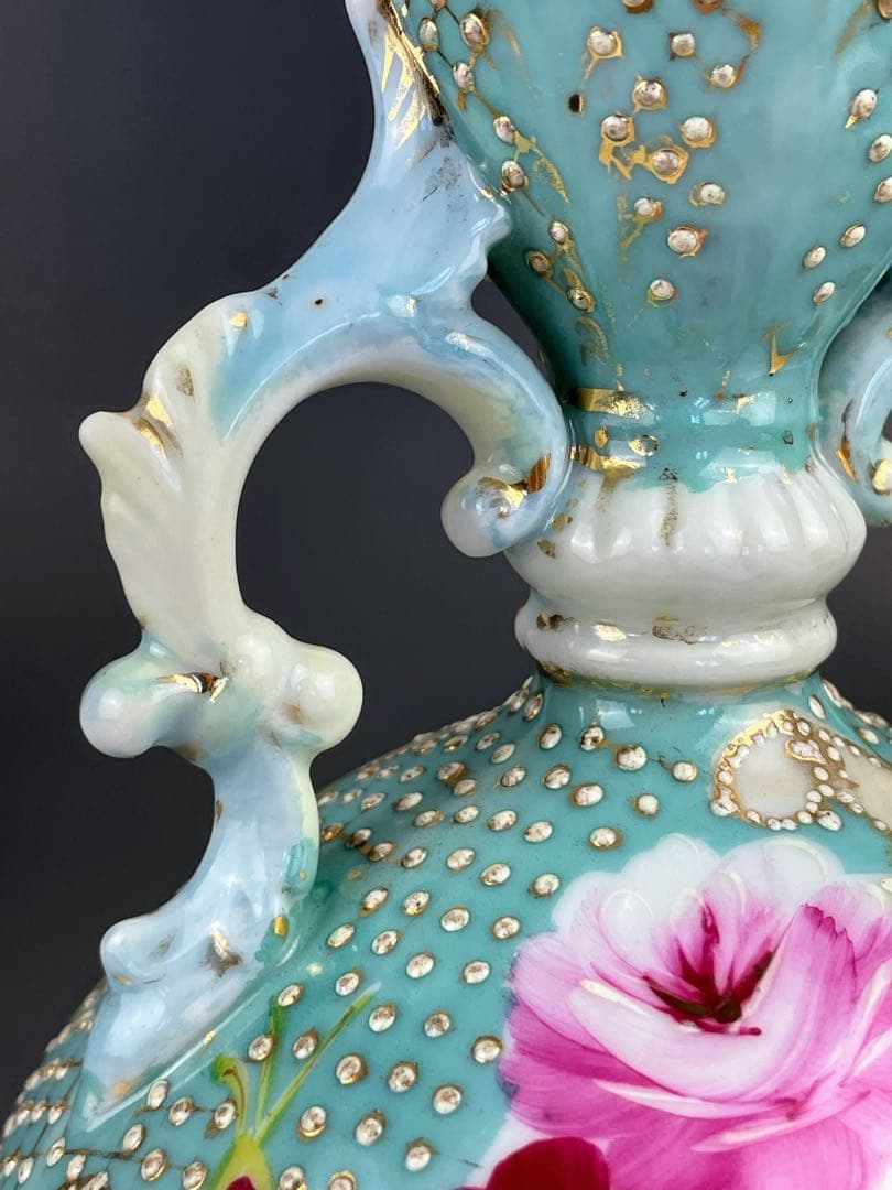 【希少】オールドニッポン 約２３cm アールヌーボー薔薇紋金盛り花瓶 ターコイズ