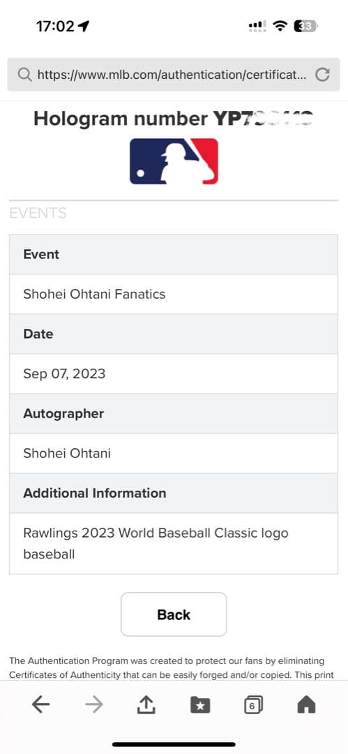 大谷翔平 WBC公式球 直筆サインボール MLB公式&Fanaticsホログラム