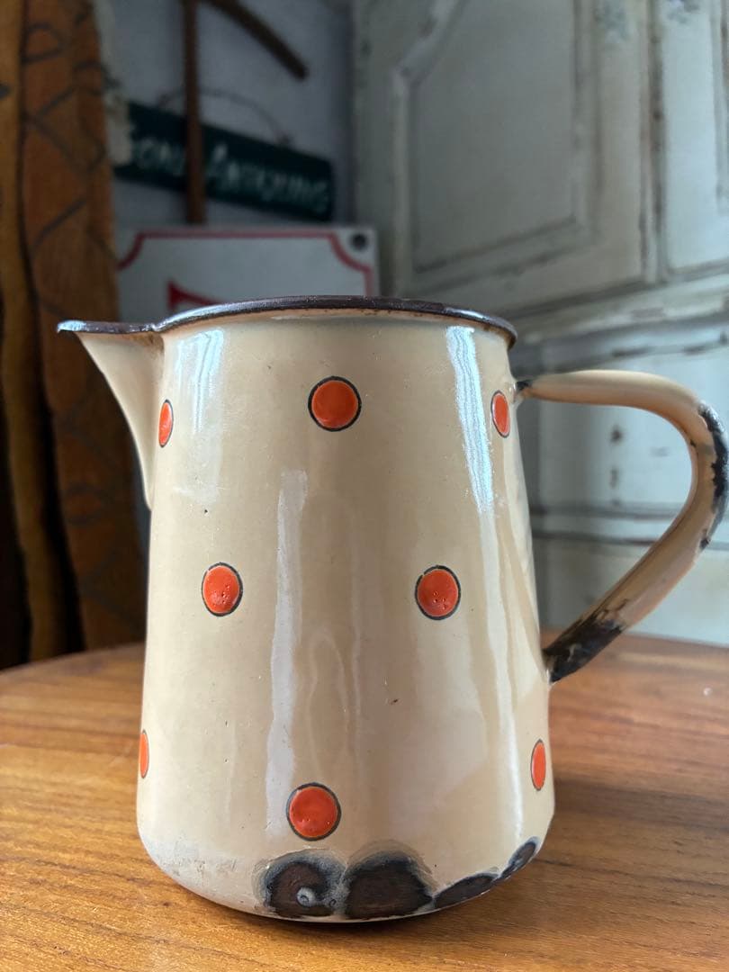 フランス　アンティーク　ホーロー　ピッチャー　ジャグ　ポルカ　ドット　水玉　レア