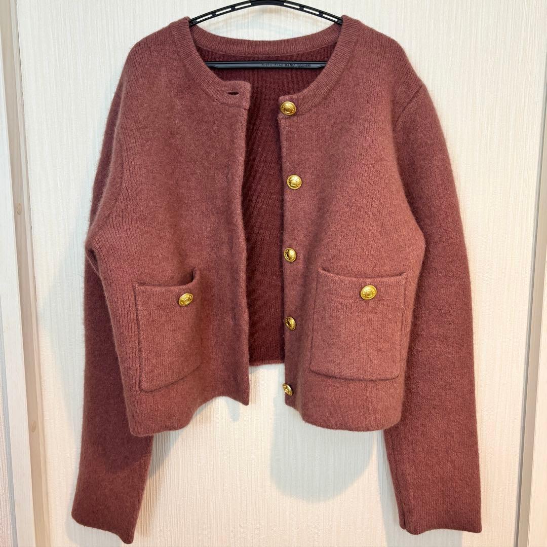 anuans ラクーンブレンドノーカラーニットジャケット　ピンク