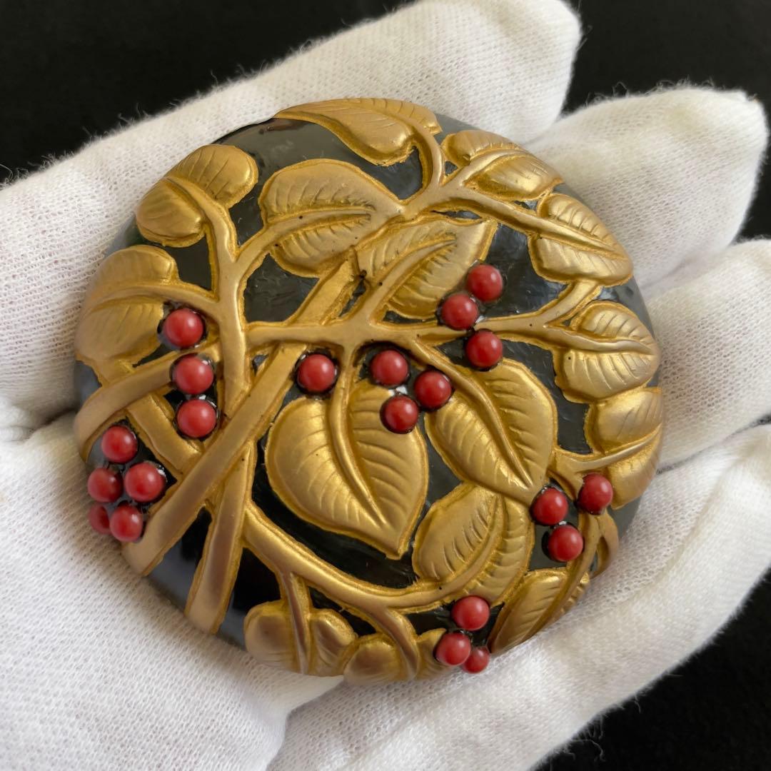 【18】AKIO MORI 珊瑚と金彩のブローチ　ヴィンテージ　レア