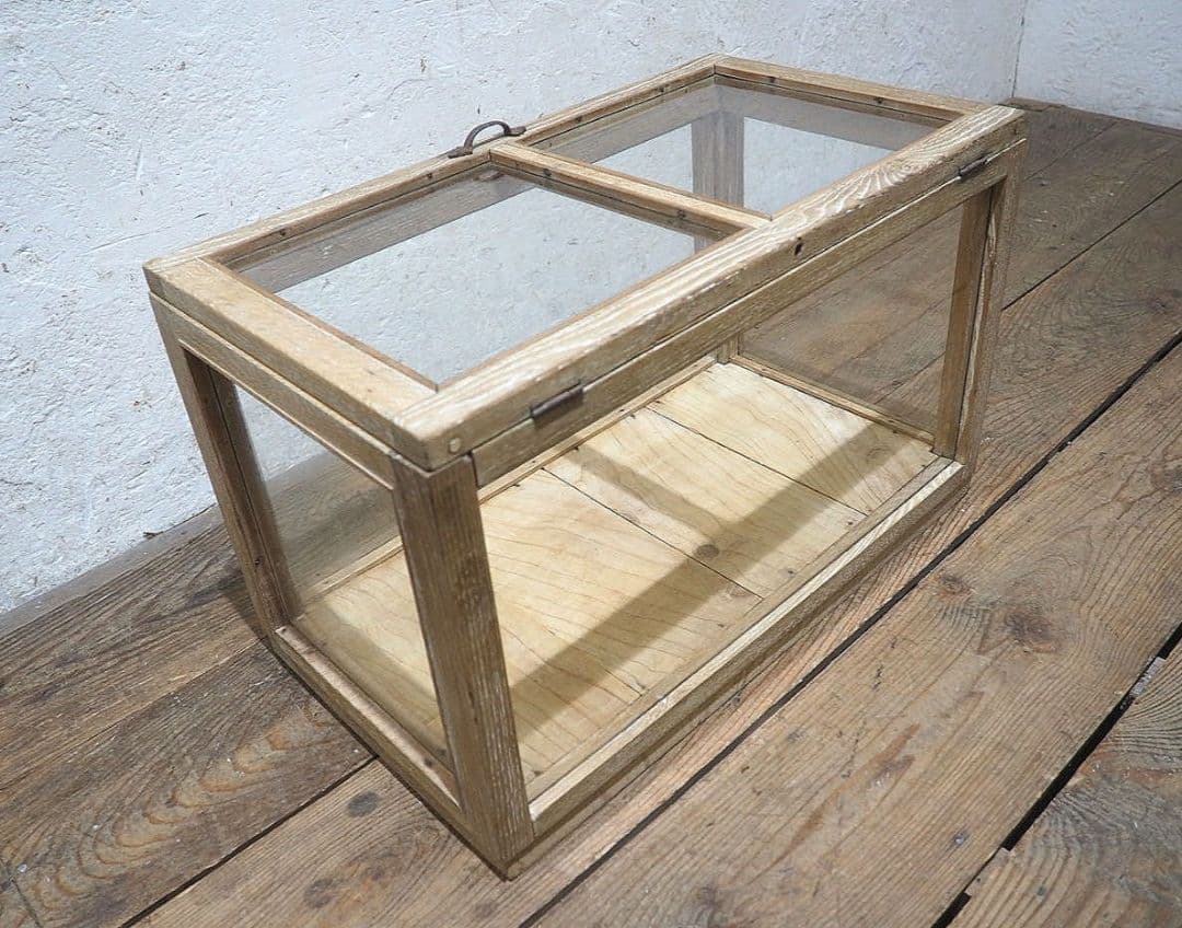 1412　蓋付　ナラ材のガラスケース　飾り棚　古家具　レトロ　アンティーク　小型