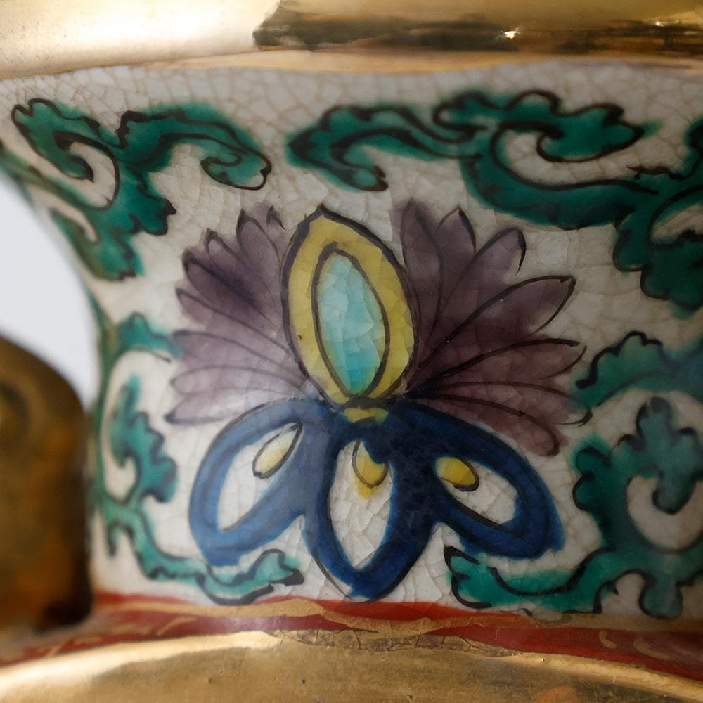 九谷焼 庄三 赤絵 金彩 角福 松下賢人図 扁平花瓶 双耳 花入 花器 花瓶 壷