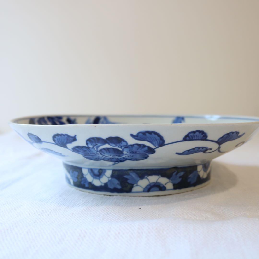 時代　染付の美しき四君子　高台皿　明治プレート盛皿大皿（骨董古美術古伊万里鍋島焼