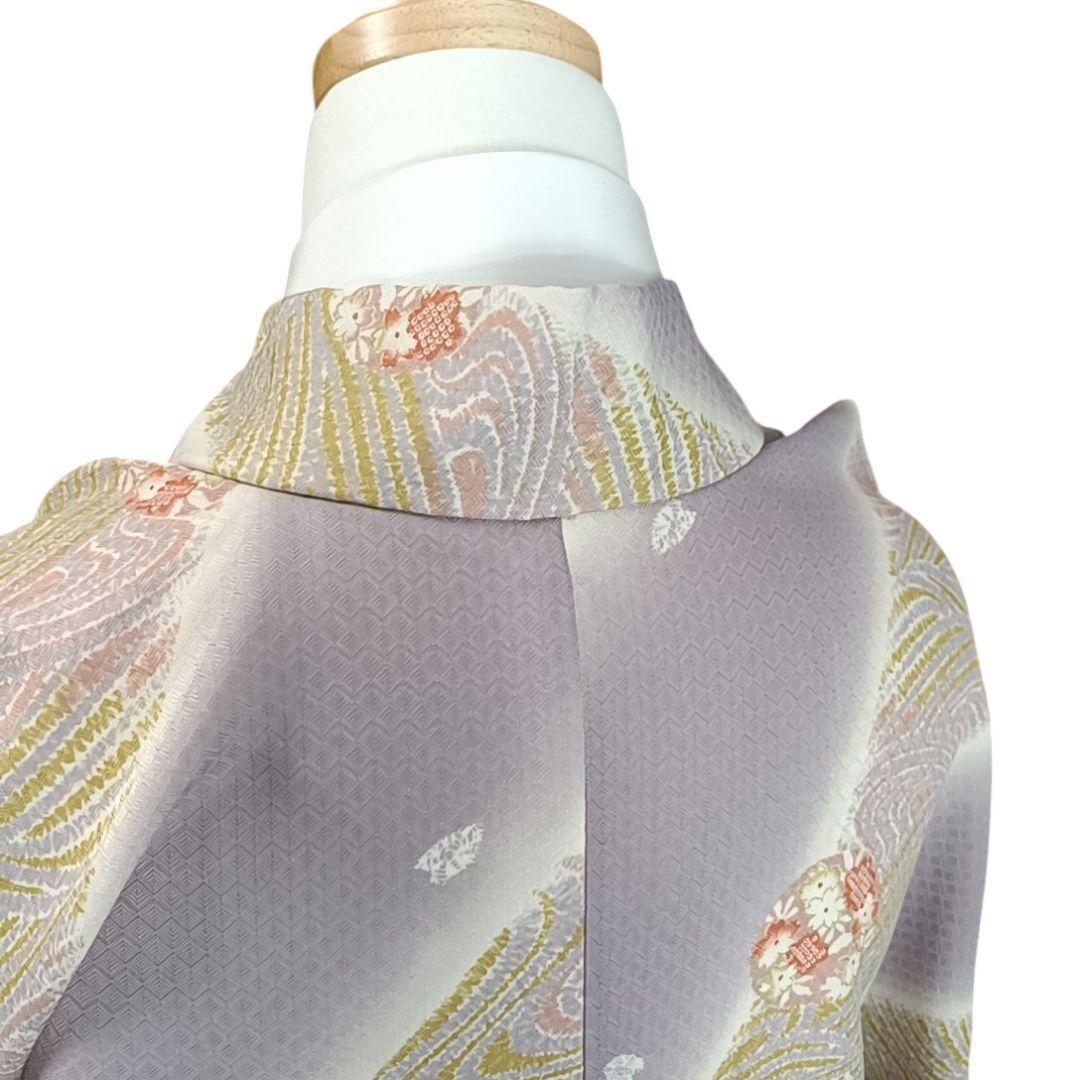 ち*ぃ様 610 華 単衣 着物 小紋 地紋 花 しぼり調 丸に花 紫 白