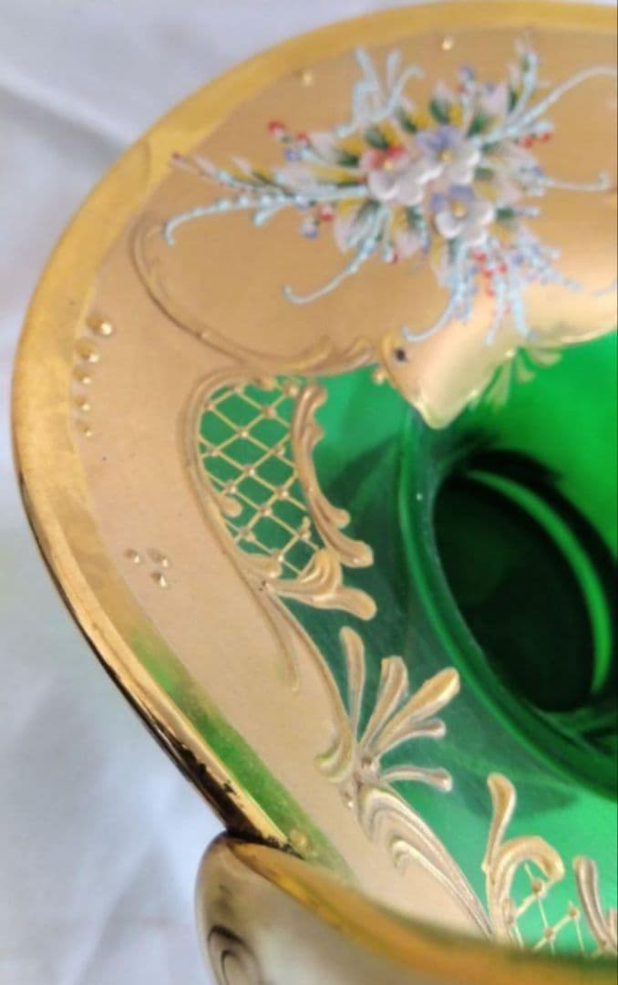 お値下げ　ベネチアンガラス バスケット グリーン　金 　花器　インテリ　美術品