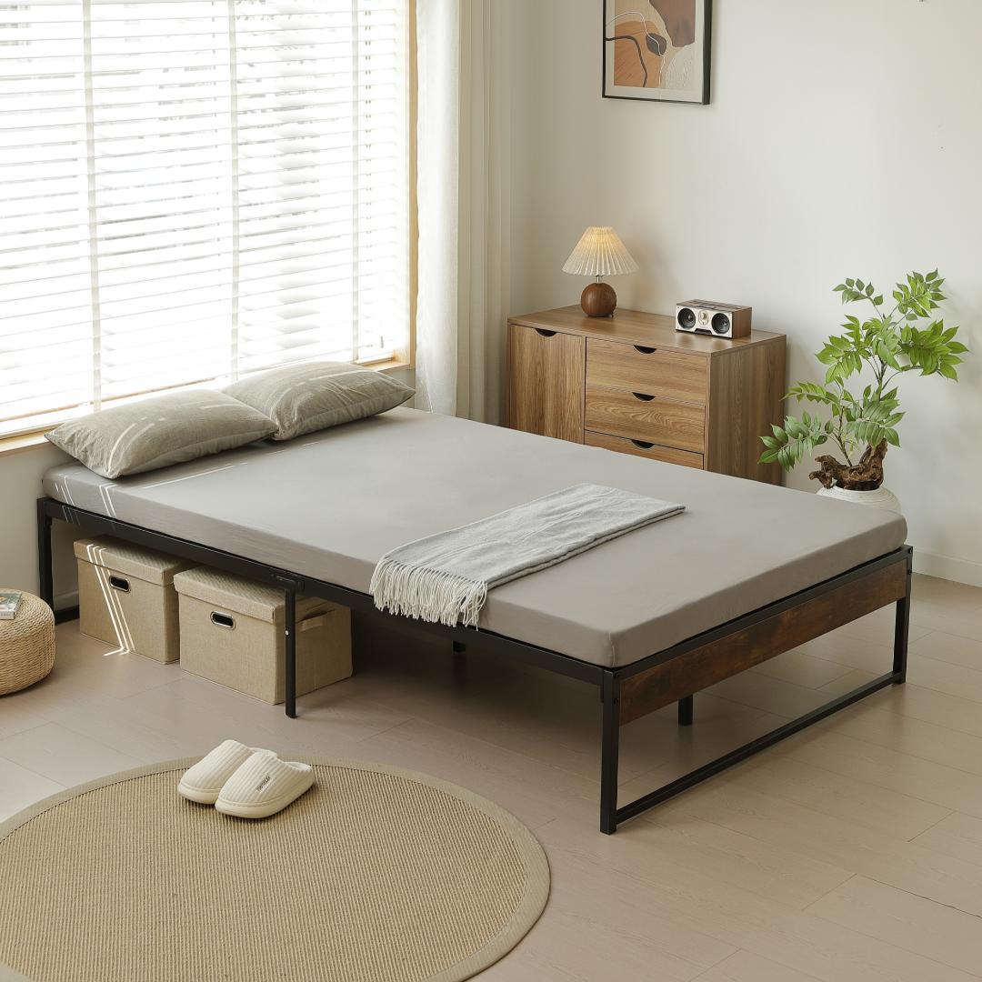 年末赤字！D・ダブルベッドフレーム パイプベッド パイプ+木　BLACK