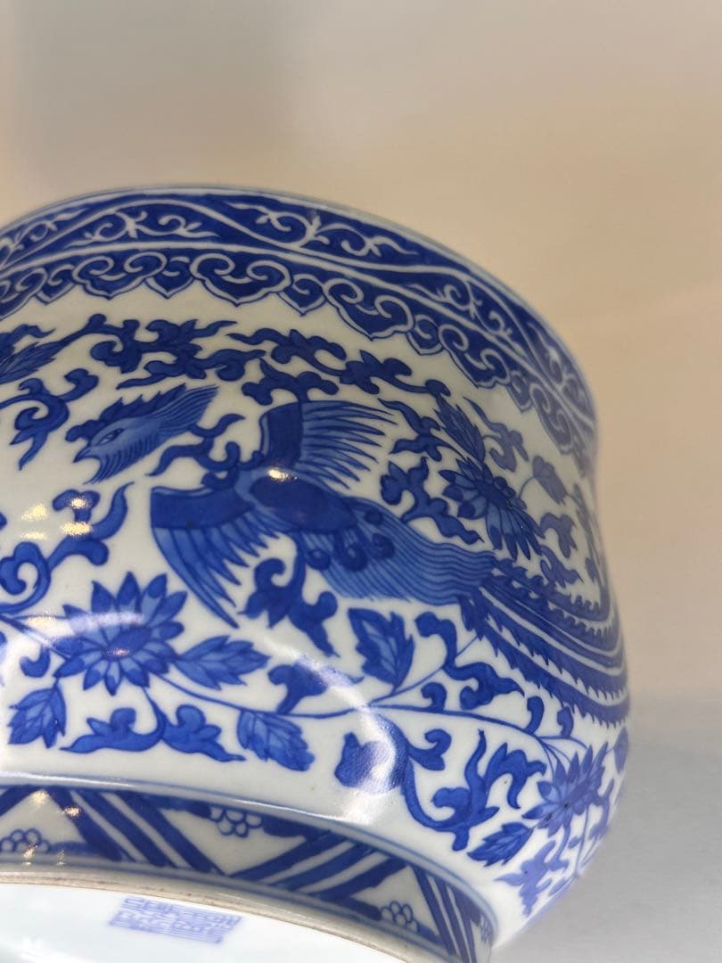 大清道光年製 底款　青花染付　鳳凰文　小缸　中国古美術