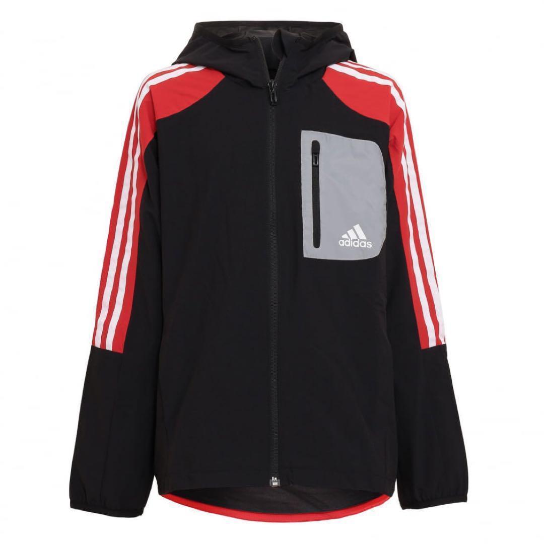 adidas ウィンドブレーカー　上着　裏起毛　通学　黒　赤　160cm 新品