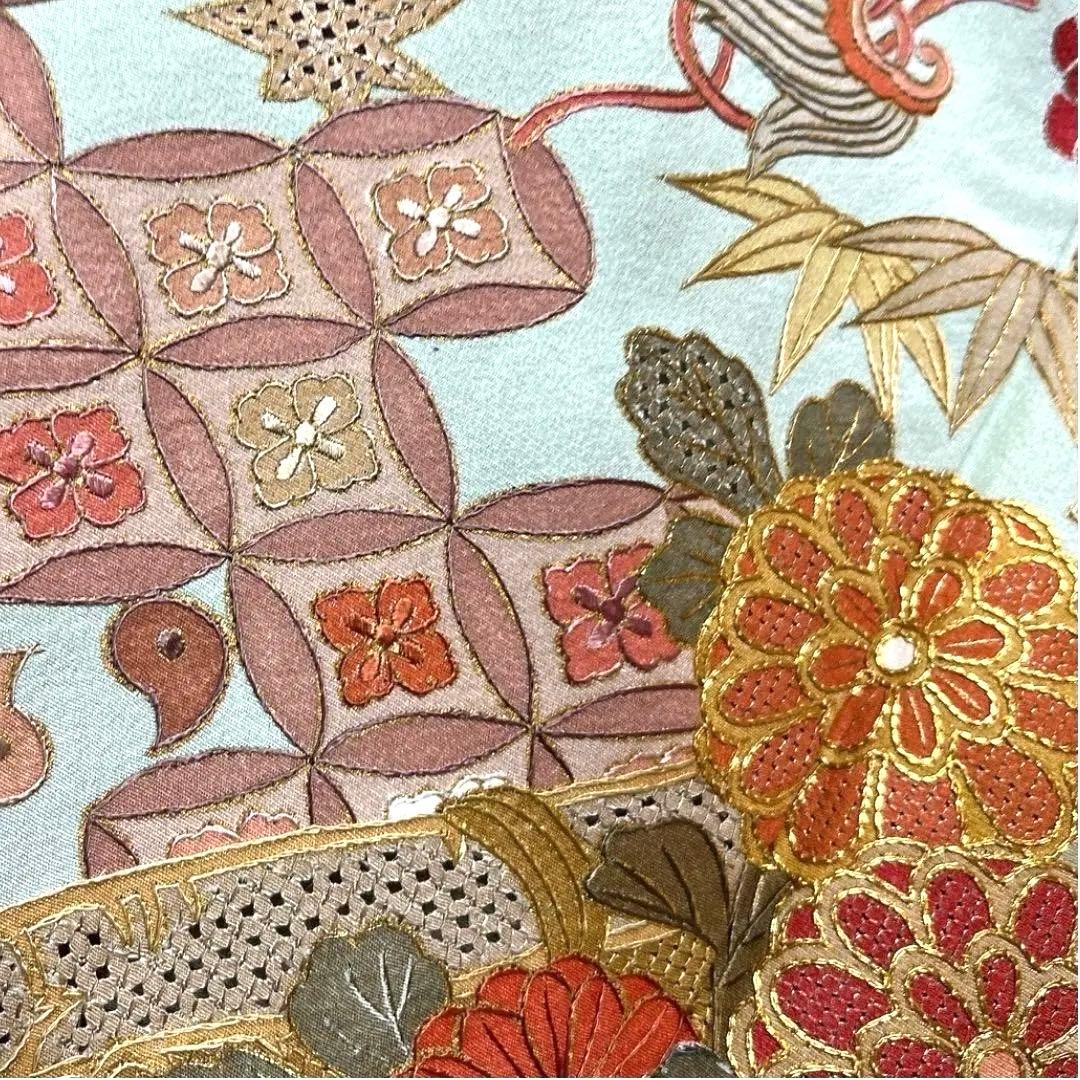 スワトウ刺繍　刺繍　金駒刺繍　鶴　花模様　振袖　着物　102a p