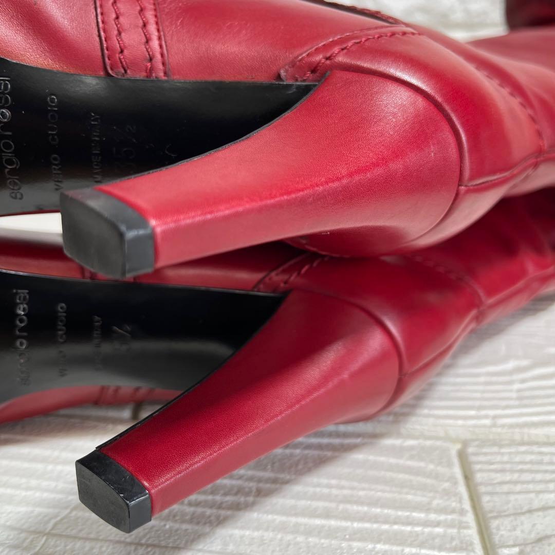 【極美品】Sergio rossiレッド 本革ロング ブーツ 22.5ベルト装飾
