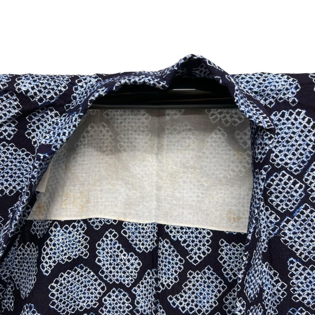 浴衣　有松鳴海絞り　花模様　ネイビー系　着物　054w d